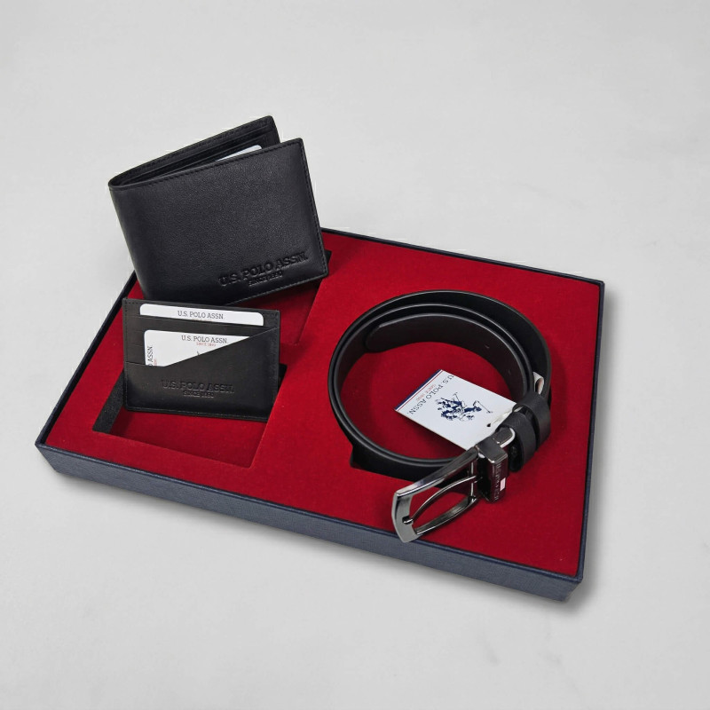 U.S. Polo Assn. Erkek Siyah Deri Kemer, Cüzdan ve Kartlık 3'lü Hediyelik Aksesuar Seti
