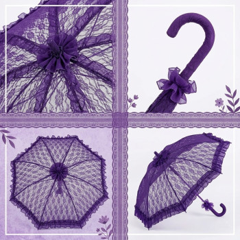 Viktorya Tarzı Mor Gelin Şemsiyesi – 75 cm Geniş Açılım, Fırfırlı Dantel Detaylı