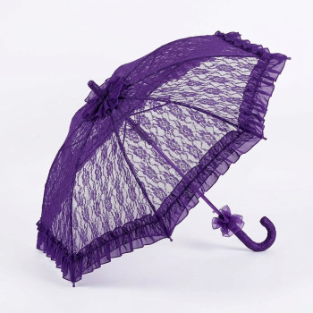 Viktorya Tarzı Mor Gelin Şemsiyesi – 75 cm Geniş Açılım, Fırfırlı Dantel Detaylı