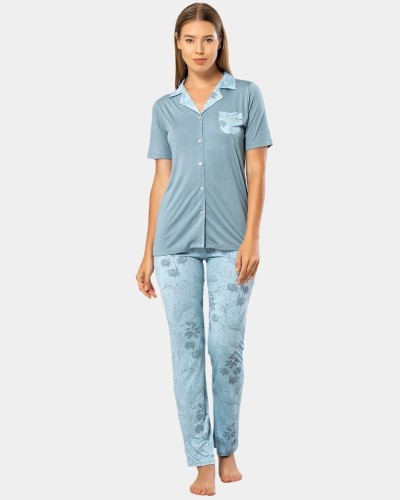 Türen Yaprak Desenli Kisa Kol Pijama 3376/Mavi