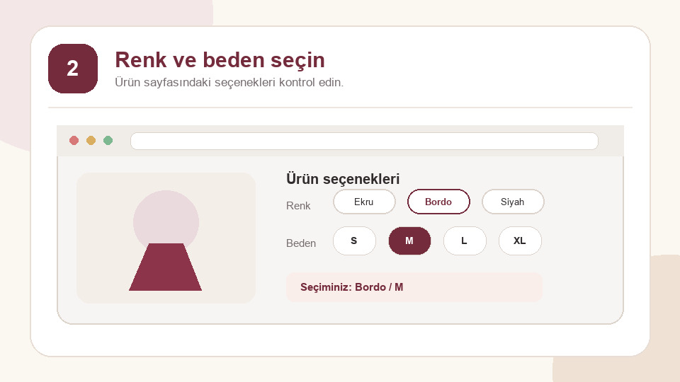 Renk ve beden seçeneklerini belirleme ekranı