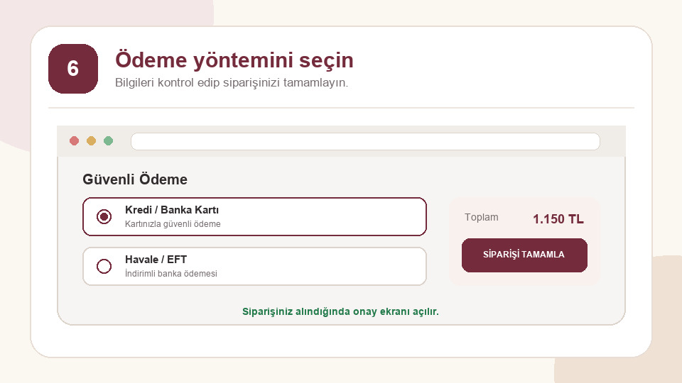 Ödeme yöntemi ve siparişi tamamlama ekranı